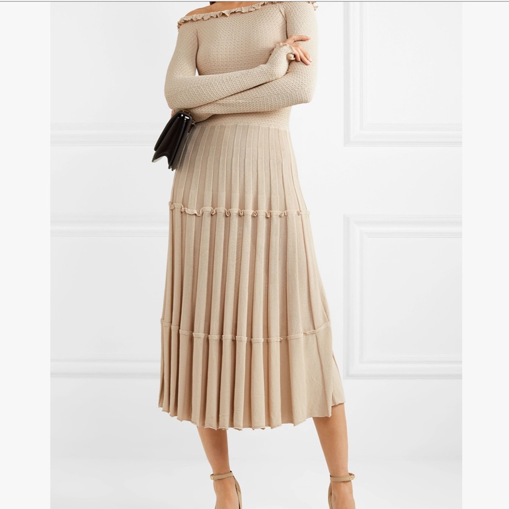 Alisha off-the-shoulder pleated knitted midi dress